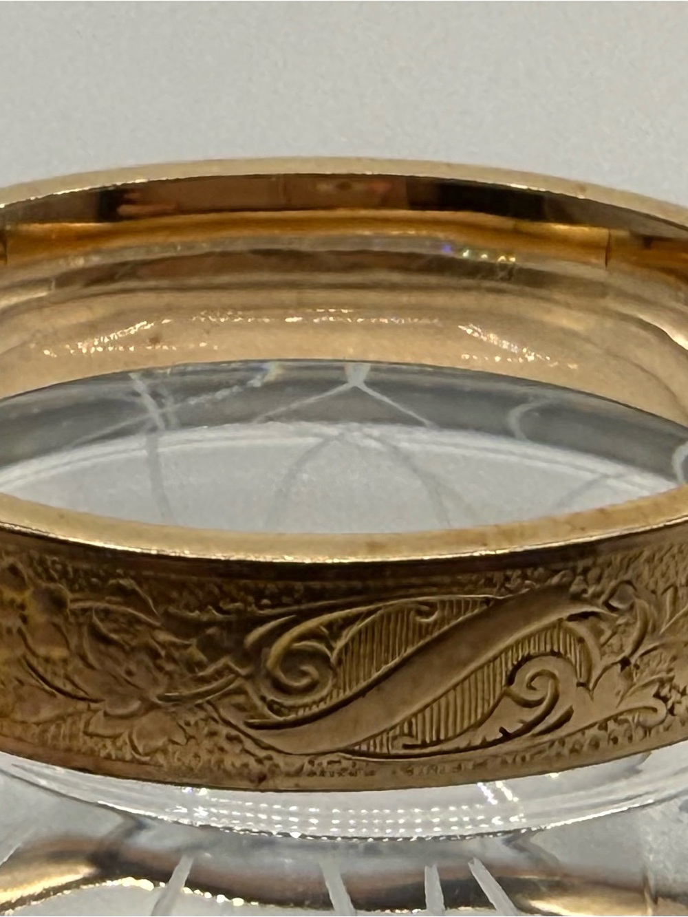 LM & Co Antique Gold Filled Hinged Bangle Bracelet Floral Etched Engraved Scroll - Picture 6 of 7